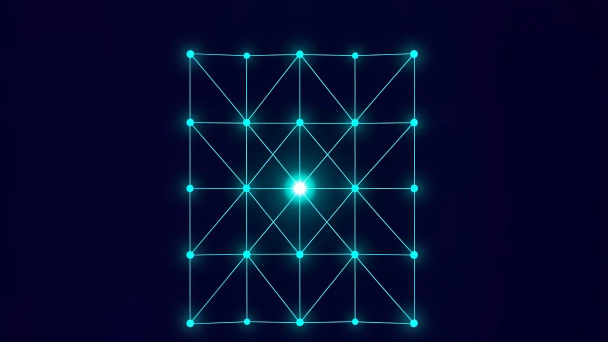 Raster aus drei mal drei verbundenen Knoten, einer leuchtet heller