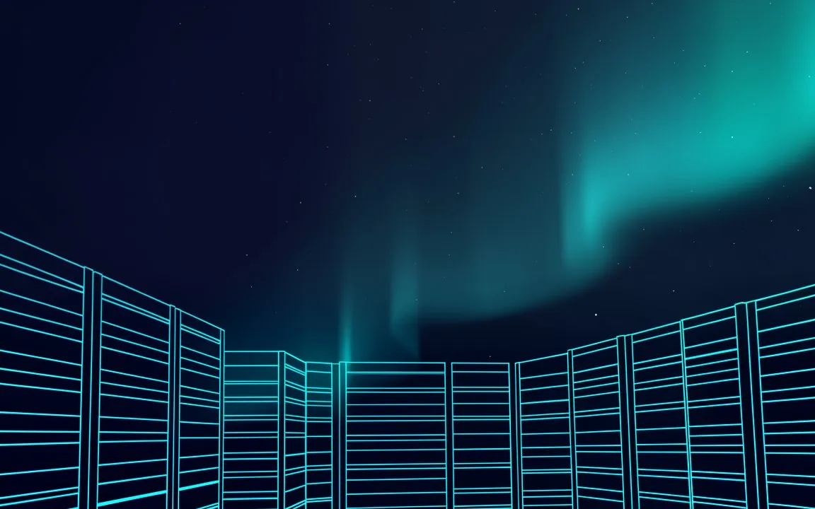 Abstrakte Serverreihen unter einem schwachen Nordlichtschein