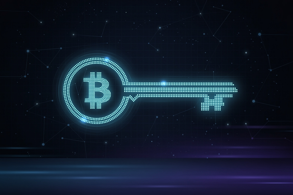 Titelbild Bitcoin-Wallet-Wiederherstellung: dunkles Banner mit einem stilisierten Schlüssel aus leuchtenden Knoten und der Unterzeile Passwort vergessen, Zugang zurück