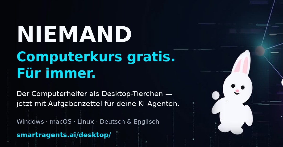 Niemand, der weiße Hase von SMarTrAgents — Computerkurs gratis, für immer. Der Computerhelfer als Desktop-Tierchen für Windows, macOS und Linux