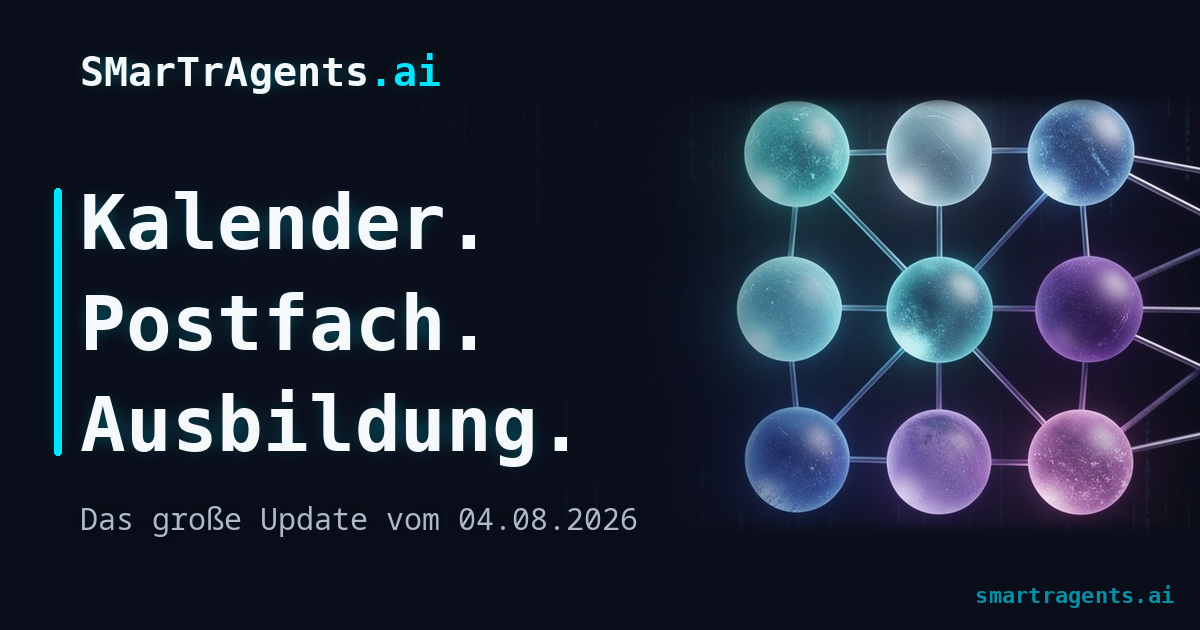 Kalender und Postfach fließen als Datenbahnen in einen gemeinsamen KI-Arbeitsbereich, davor eine gesperrte Sendetaste